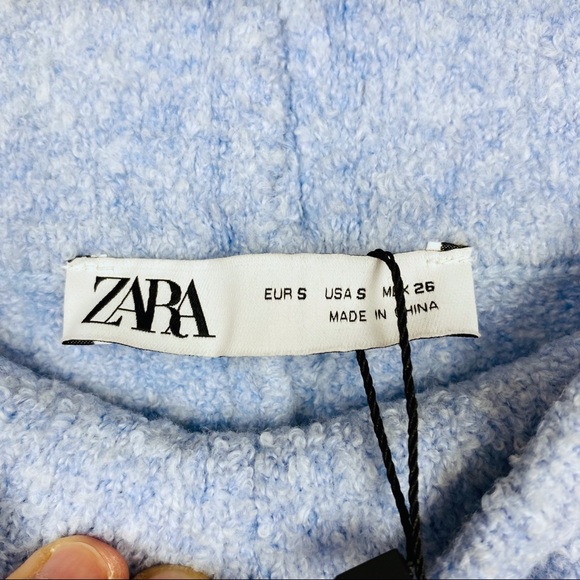 ZARA Wool High Waisted Wide Leg Textured Knit Pull On Trouser Lounge Pants Blue - Picture 15 of 16